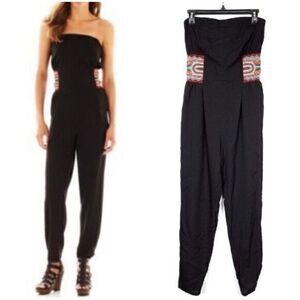 Bisou Bisou Black Strapless Jumpsuit with Patterned Accents